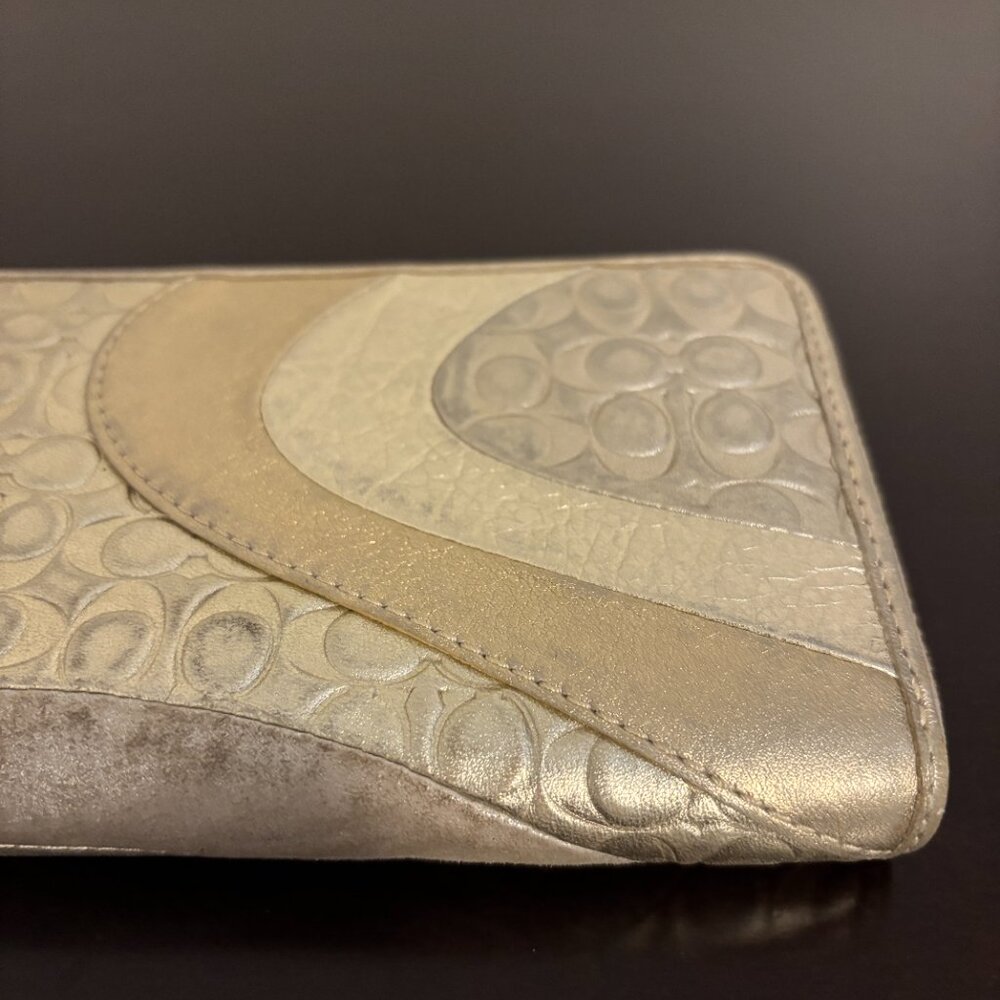 Coach Peyton Op Art Metallic Gold Silver Leather Suede Zip Around Wallet - Picture 6 of 12